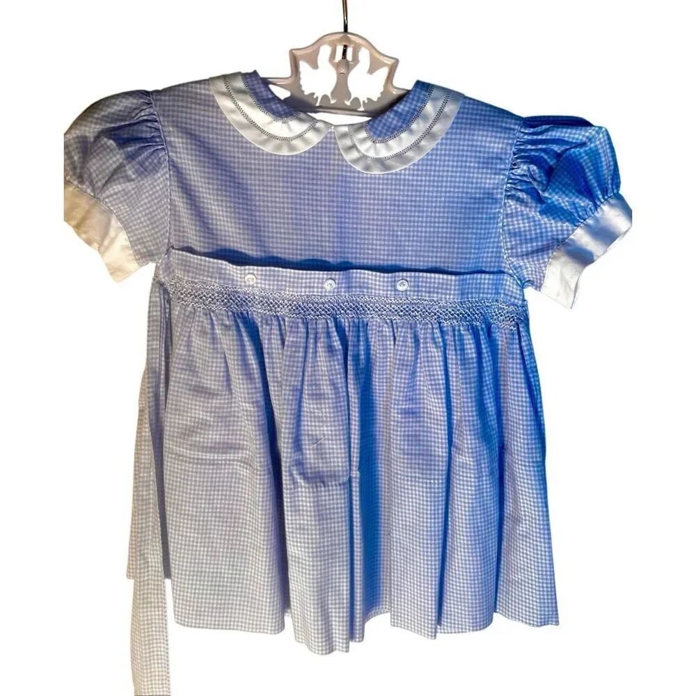 VINTAGE BLUE GINGHAM BABY DRESS SIZE 9-12M Handmade Perfect